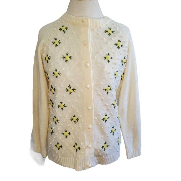 Vintage Sweaters - Vintage 60s Ivory‎ Floral Embroidered Popcorn Cardigan Sweater Sz Medium